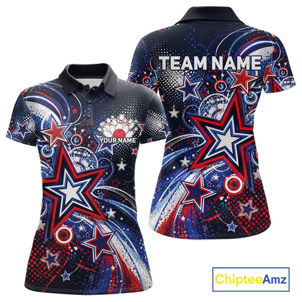 Front and back views of a custom women's bowling polo shirt featuring red, white, and blue patriotic stars, halftone dots, and a grunge texture design.