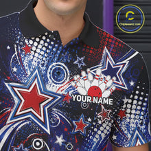 Load image into Gallery viewer, Close up front view of the left chest area on a custom bowling polo shirt featuring red, white, and blue patriotic stars, halftone dots, and a grunge texture design.