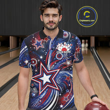 Load image into Gallery viewer, Front view of a male model in a bowling alley wearing a custom bowling polo shirt featuring red, white, and blue patriotic stars, halftone dots, and a grunge texture design.