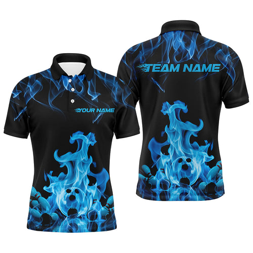 Custom Black And Blue Flame Bowling Polo Shirts For Men, Bowling Team Shirt Outfits IPHW8055