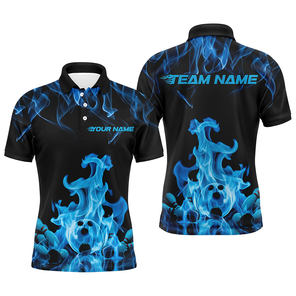 Custom Black And Blue Flame Bowling Polo Shirts For Men, Bowling Team Shirt Outfits IPHW8055