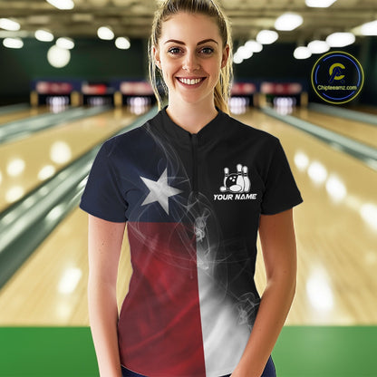 Custom Smoke Texas Flag Bowling Women Team Shirts, Patriotic Texas Bowling Jerseys IPHW10625