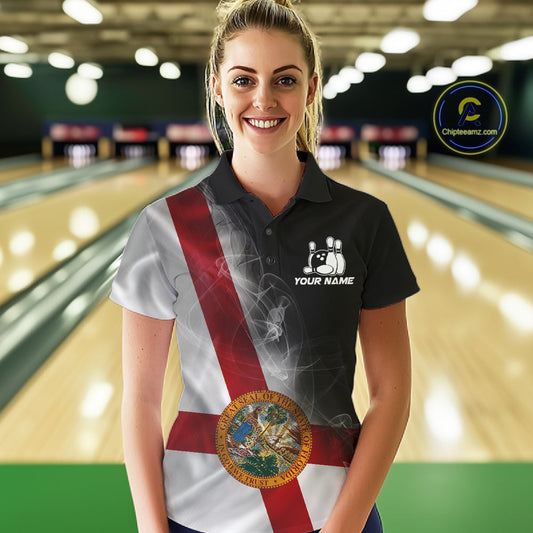 Custom Smoke Florida Flag Bowling Women Team Shirts, Patriotic Florida Bowling Jerseys IPHW10626