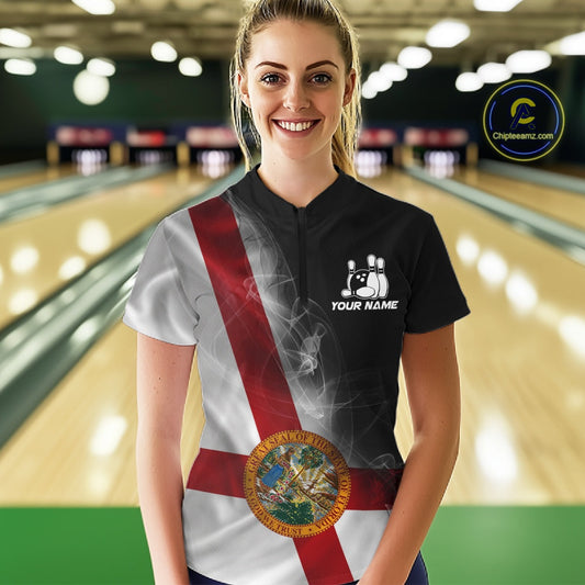 Custom Smoke Florida Flag Bowling Women Team Shirts, Patriotic Florida Bowling Jerseys IPHW10626