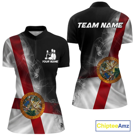 Custom Smoke Florida Flag Bowling Women Team Shirts, Patriotic Florida Bowling Jerseys IPHW10626