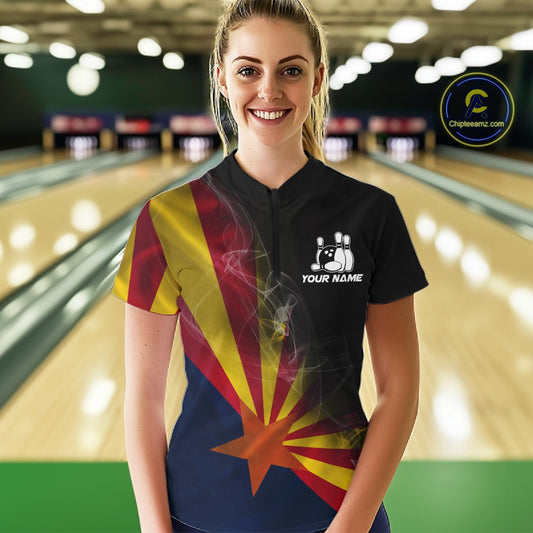 Custom Smoke Arizona Flag Bowling Women Team Shirts, Patriotic Arizona Bowling Jerseys IPHW10627