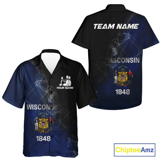 Custom Smoke Wisconsin Flag Bowling Men And Women Team Shirts, Patriotic Wisconsin Bowling Jerseys IPHW10628