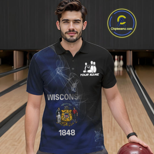 Custom Smoke Wisconsin Flag Bowling Men Team Shirts, Patriotic Wisconsin Bowling Jerseys IPHW10628