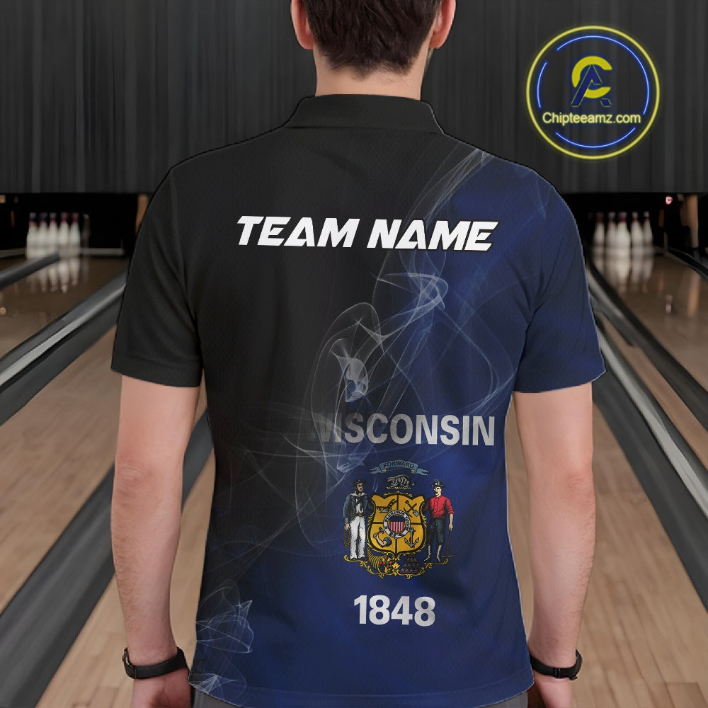 Custom Smoke Wisconsin Flag Bowling Men Team Shirts, Patriotic Wisconsin Bowling Jerseys IPHW10628