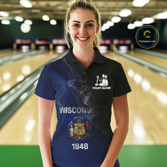 Custom Smoke Wisconsin Flag Bowling Women Team Shirts, Patriotic Wisconsin Bowling Jerseys IPHW10628