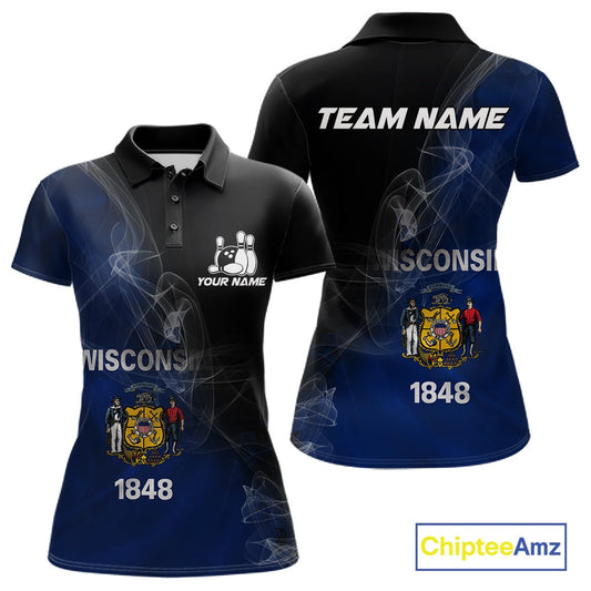 Custom Smoke Wisconsin Flag Bowling Women Team Shirts, Patriotic Wisconsin Bowling Jerseys IPHW10628