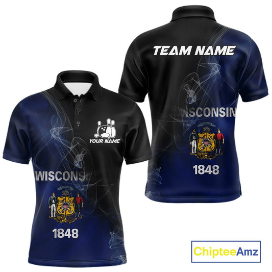 Custom Smoke Wisconsin Flag Bowling Men Team Shirts, Patriotic Wisconsin Bowling Jerseys IPHW10628
