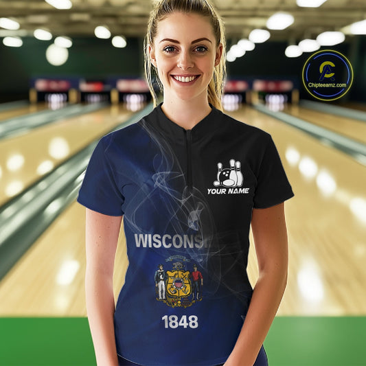 Custom Smoke Wisconsin Flag Bowling Women Team Shirts, Patriotic Bowling Jerseys IPHW10628