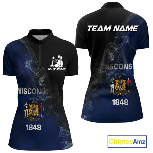 Custom Smoke Wisconsin Flag Bowling Women Team Shirts, Patriotic Bowling Jerseys IPHW10628