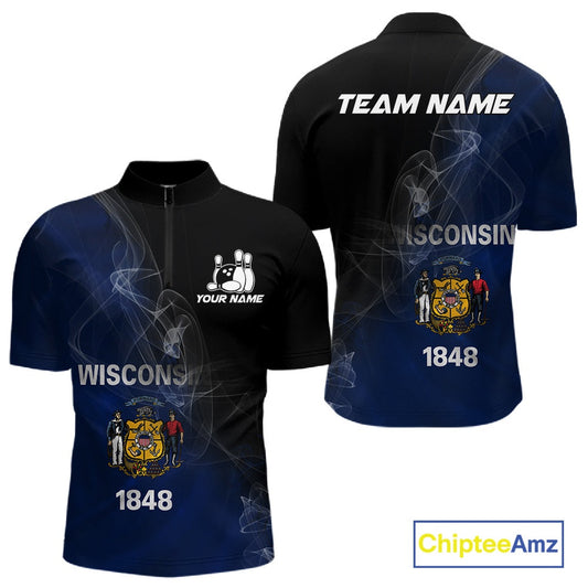 Custom Smoke Wisconsin Flag Bowling Men Team Shirts, Patriotic Wisconsin Bowling Jerseys IPHW10628