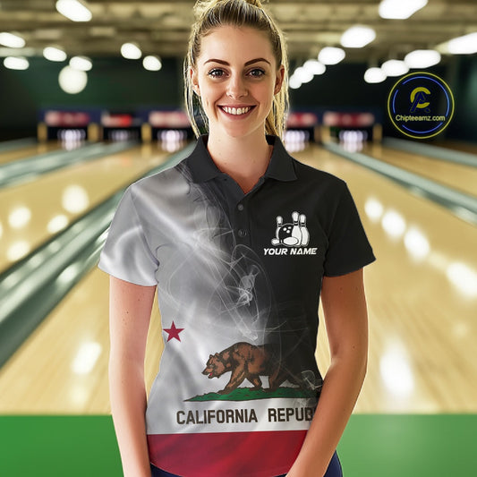 Custom Smoke California Flag Bowling Women Team Shirts, Patriotic California Bowling Jerseys IPHW10629