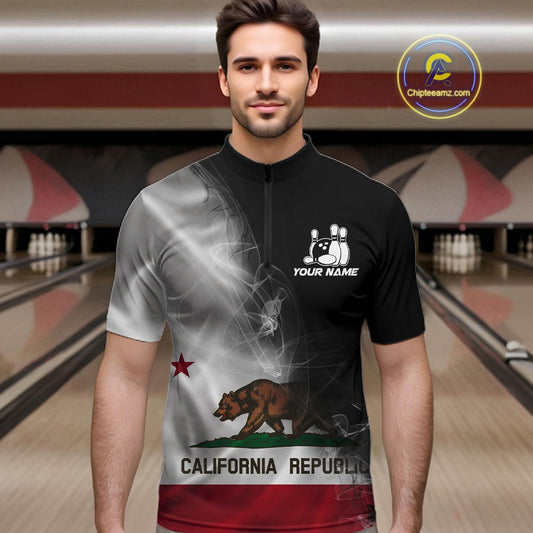 Custom Smoke California Flag Bowling Men Team Shirts, Patriotic California Bowling Jerseys IPHW10629