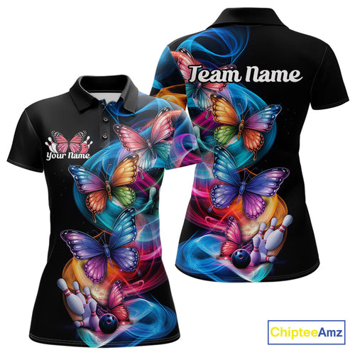 Custom Colorful Butterfly Bowling Women Polo Shirts With Team Name, Bowlers Outfit IPHW9011