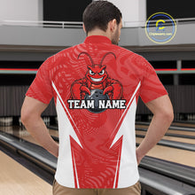 Load image into Gallery viewer, Back view of a male model in a bowling alley wearing a red custom quarter-zip bowling shirt with a funny aggressive crawfish holding a bowling ball in a sportswear-style design.