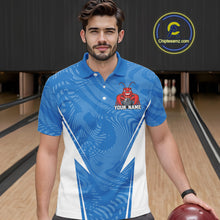 Load image into Gallery viewer, Front view of a male model in a bowling alley wearing a blue custom bowling polo shirt with a funny aggressive crawfish holding a bowling ball in a sporty design style.
