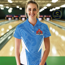 Load image into Gallery viewer, Front view of a female model in a bowling alley wearing a blue custom bowling polo shirt with a funny aggressive crawfish holding a bowling ball in a sportswear-style design.