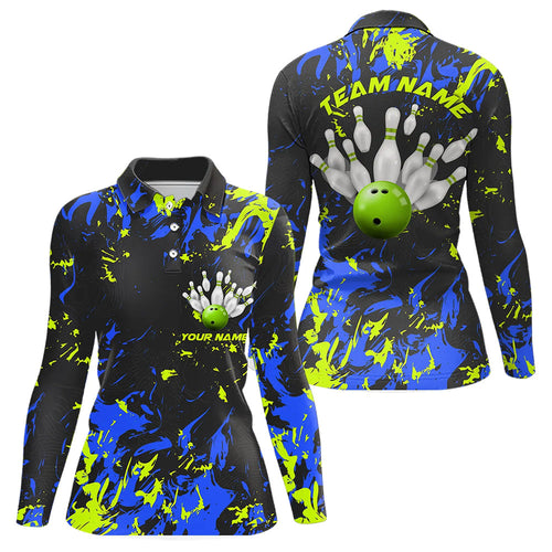 Custom Black, Blue And Green Bowling Women Long Sleeve Polo Shirts, Bowling Team Jerseys IPHW5183