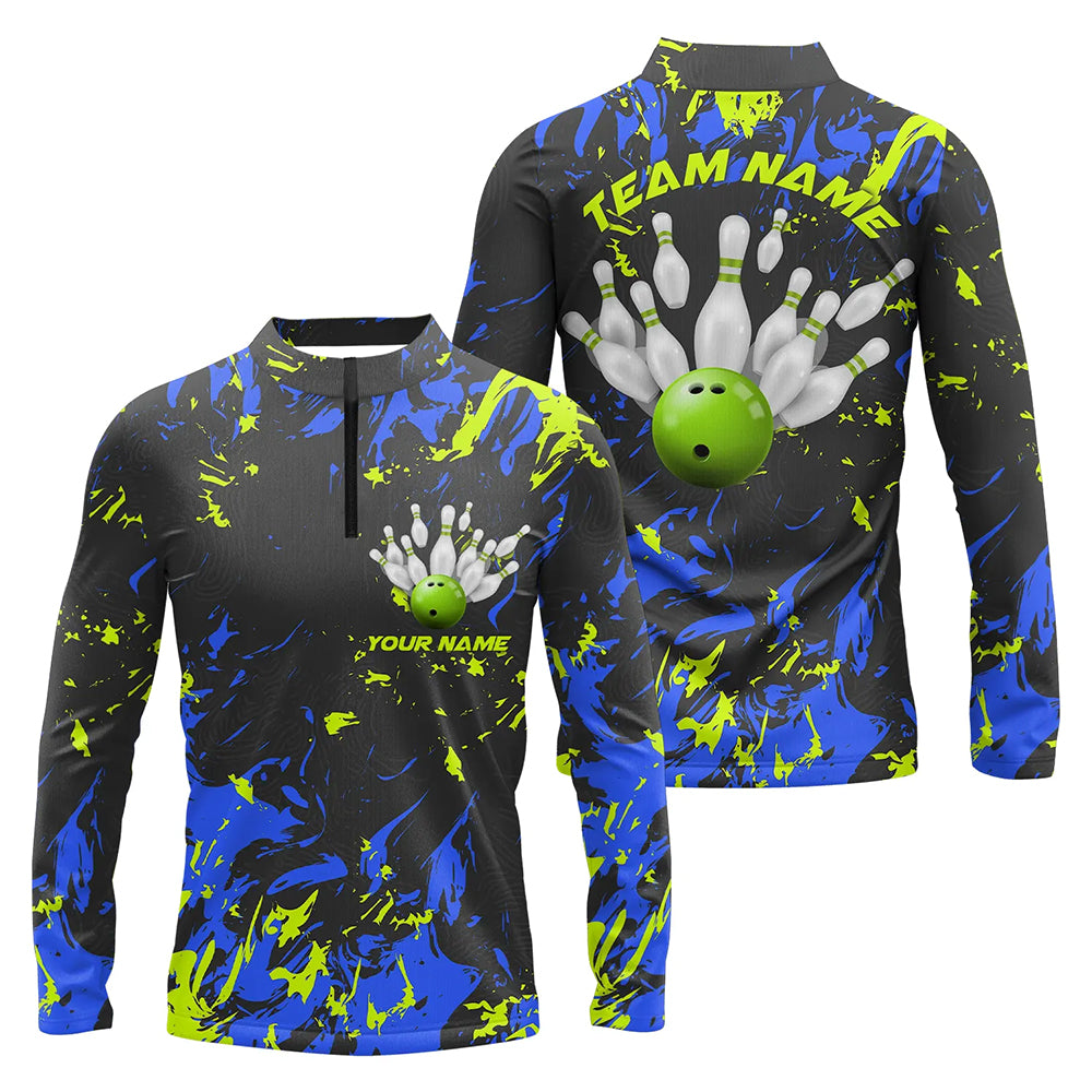 Custom Black, Blue And Green Bowling Men Long Sleeve Quarter-Zip Shirts, Team Jerseys IPHW5183
