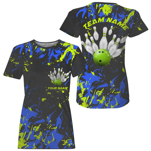 Custom Black, Blue And Green Bowling Women T-Shirts Shirts, Team Jerseys Bowling Pin And Ball IPHW5183