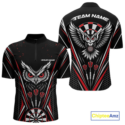 Custom Black And Red Owl Darts Quarter Zip Shirts For Men, Darts Team Jerseys IPHW11722