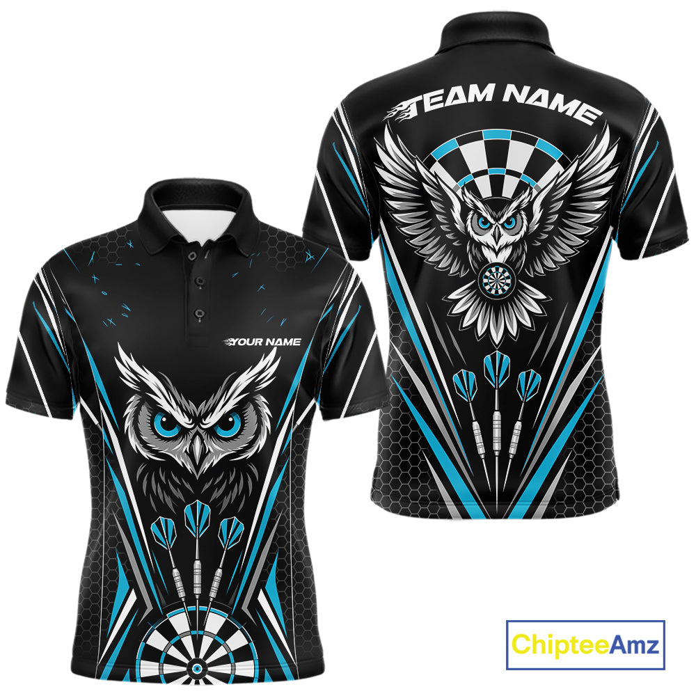 Custom Black And Blue Owl Darts Polo Shirts For Men, Darts Team Jerseys IPHW11723