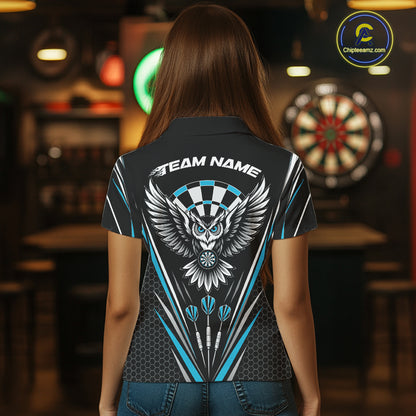 Custom Black And Blue Owl Darts Polo Shirts For Women, Darts Team Jerseys IPHW11723
