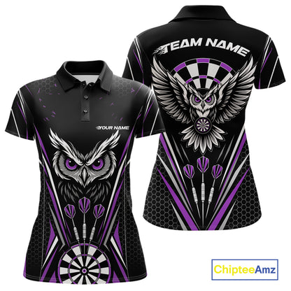 Custom Black And Purple Owl Darts Polo Shirts For Women, Darts Team Jerseys IPHW11724