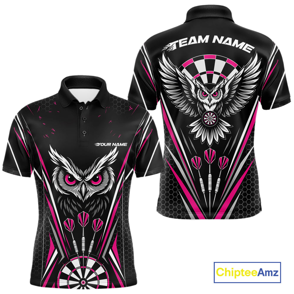 Custom Black And Pink Owl Darts Polo Shirts For Men, Darts Team Jerseys IPHW11726