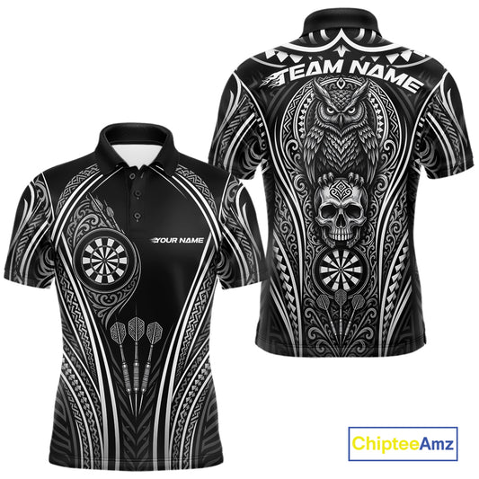Custom Black And White Tribal Owl And Skull Darts Men Polo Shirt, Halloween Darts Outfit IPHW11728