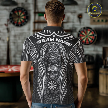 Custom Black And White Tribal Owl And Skull Darts Men Polo Shirt, Halloween Darts Outfit IPHW11728