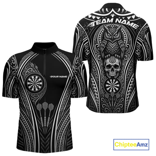 Custom Black And White Tribal Owl And Skull Darts Men Quarter Zip Shirt, Halloween Darts Outfit IPHW11728