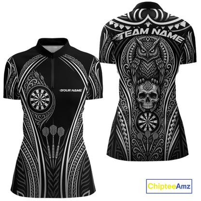 Custom Black And White Tribal Owl And Skull Halloween Darts Women Quarter-Zip Shirt IPHW11728