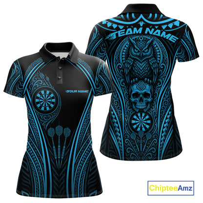Custom Black And Blue Tribal Owl And Skull Darts Women Polo Shirt, Halloween Darts Outfit IPHW11729
