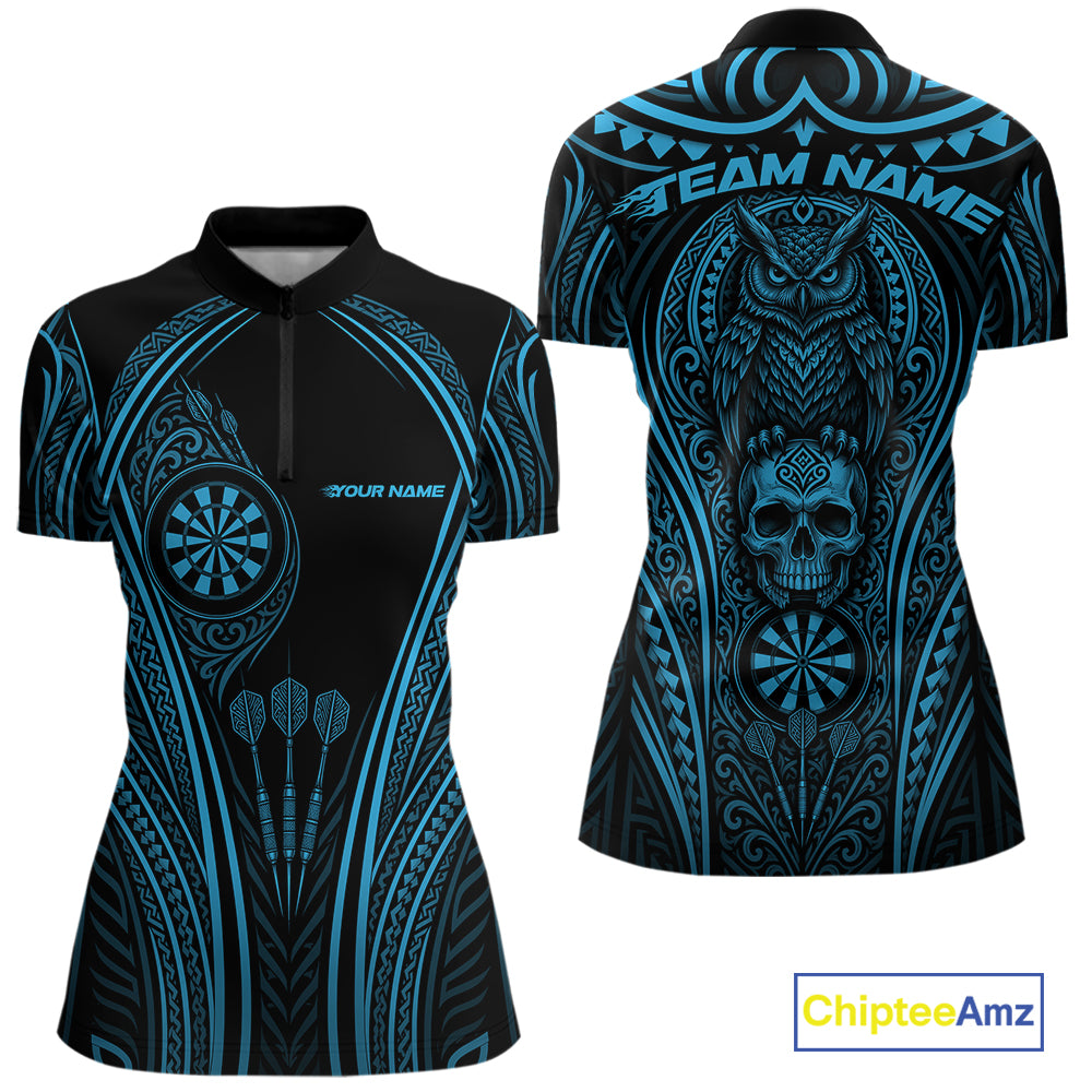 Custom Black And Blue Tribal Owl And Skull Halloween Darts Women Quarter-Zip Shirt IPHW11729