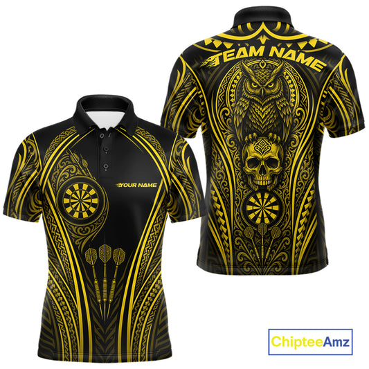 Custom Black And Yellow Tribal Owl And Skull Darts Men Polo Shirt, Halloween Darts Outfit IPHW11730