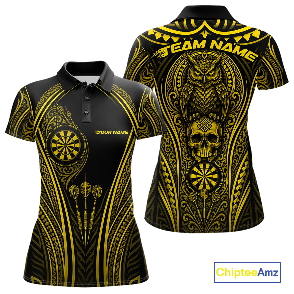 Custom Black And Yellow Tribal Owl And Skull Darts Women Polo Shirt, Halloween Darts Outfit IPHW11730
