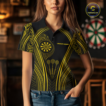 Custom Black And Yellow Tribal Owl And Skull Darts Women Polo Shirt, Halloween Darts Outfit IPHW11730
