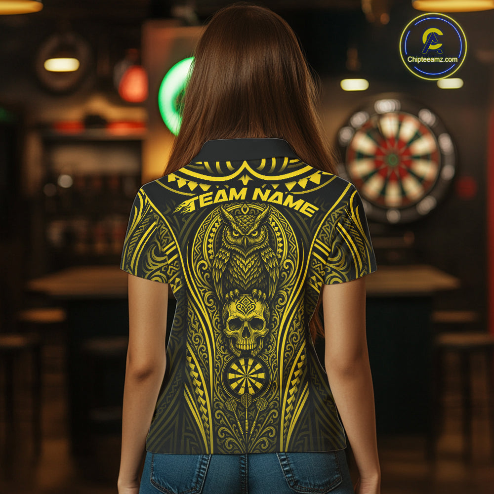 Custom Black And Yellow Tribal Owl And Skull Darts Women Polo Shirt, Halloween Darts Outfit IPHW11730