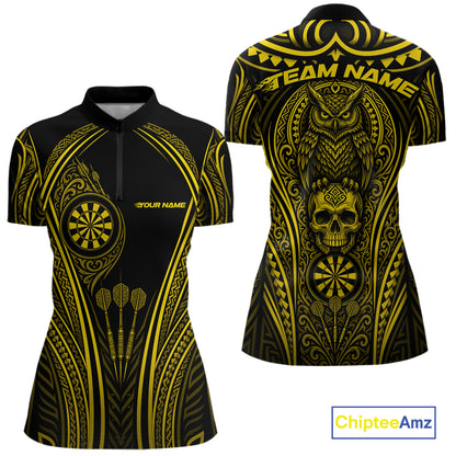 Custom Black And Yellow Tribal Owl And Skull Halloween Darts Women Quarter-Zip Shirt IPHW11730