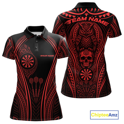 Custom Black And Red Tribal Owl And Skull Darts Women Polo Shirt, Halloween Darts Outfit IPHW11731