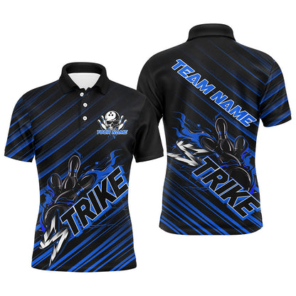 Custom Black And Blue Flame Strike Bowling Shirts For Men, Bowling League Bowling Uniform IPHW7339