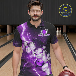 Custom Purple Thunder Lightning Bowling Polo Shirts For Men, Bowling League Shirt IPHW9793