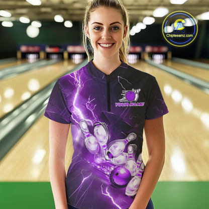 Custom Purple Thunder Lightning Bowling Quarter-Zip Shirt For Women, Bowling League Shirt IPHW9793