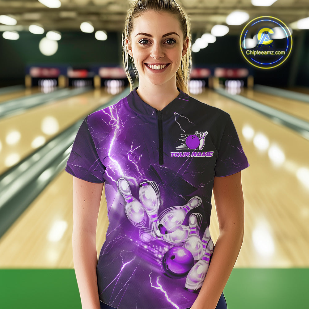 Custom Purple Thunder Lightning Bowling Quarter-Zip Shirt For Women, Bowling League Shirt IPHW9793