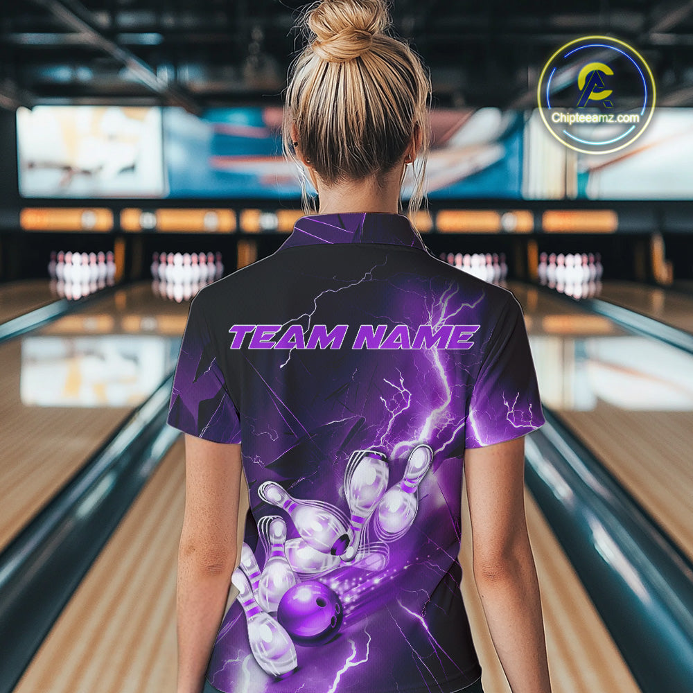 Custom Purple Thunder Lightning Bowling Quarter-Zip Shirt For Women, Bowling League Shirt IPHW9793